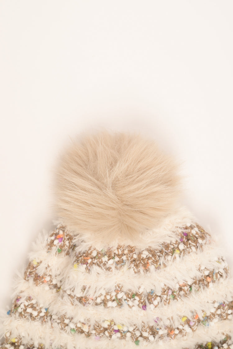 Multicolor striped sequin hat with pom-pom