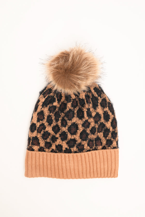 Camel-black animal-pattern hat with pom-pom
