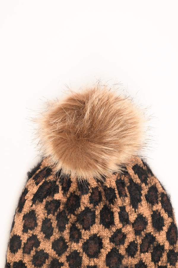 Camel-black animal-pattern hat with pom-pom