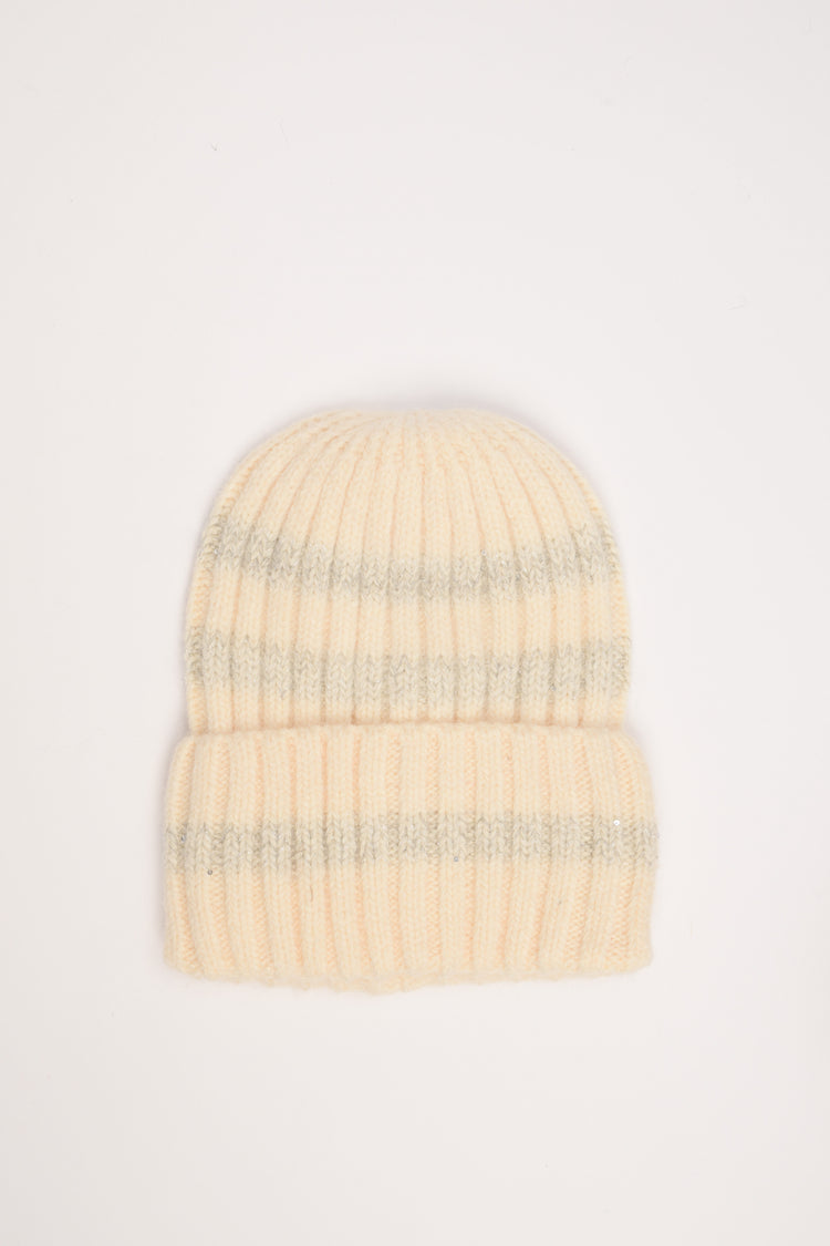 Ivory-grey striped rib-knit hat