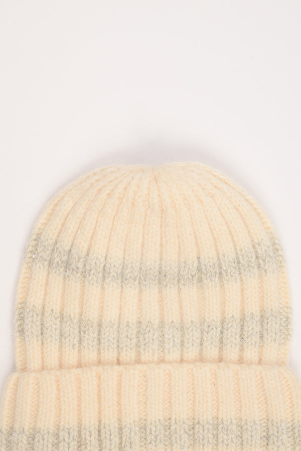 Ivory-grey striped rib-knit hat