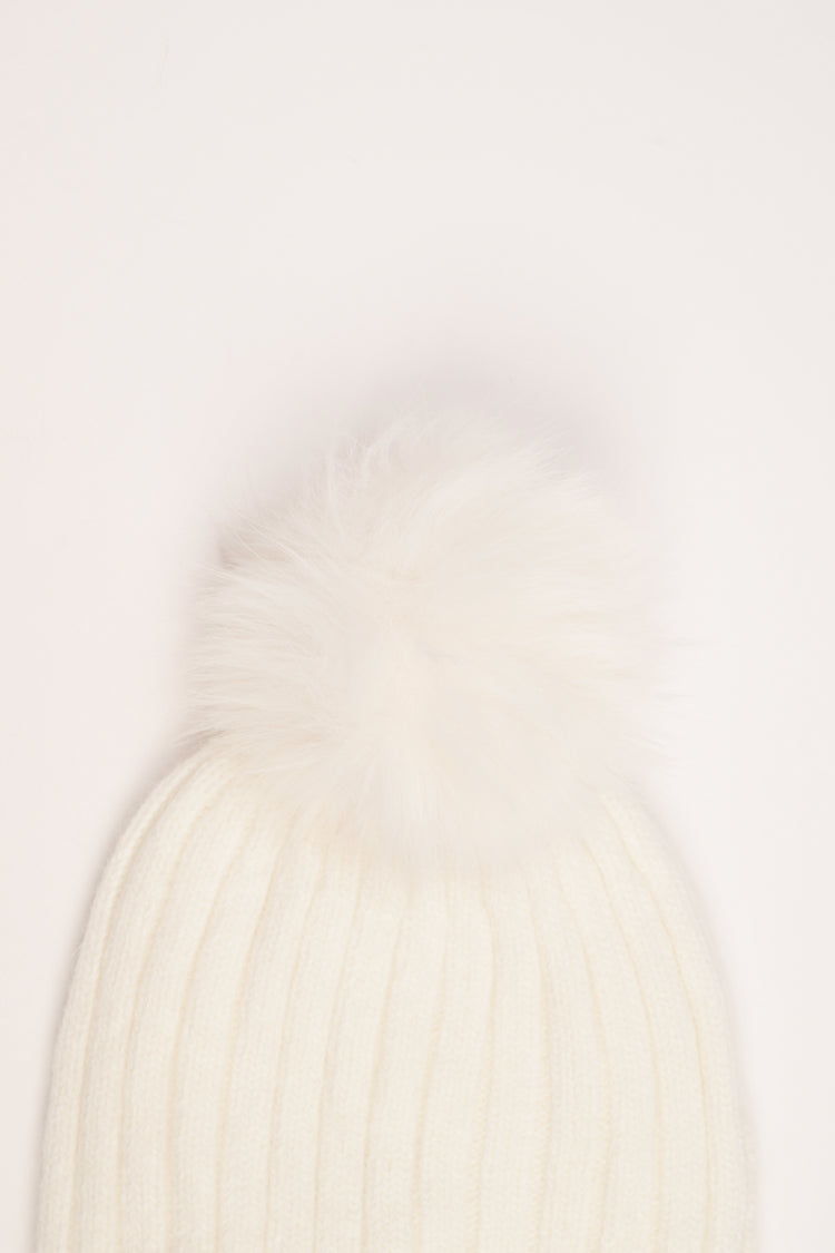 Ivory rib-knit hat with pom-pom