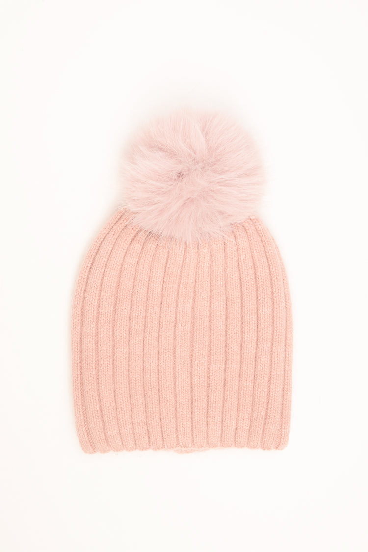 Pink rib-knit hat with pom-pom