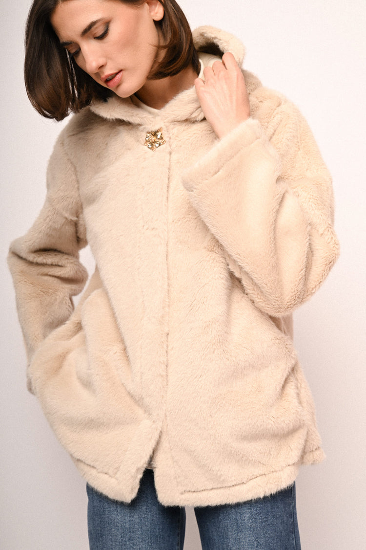Jewel-button hooded faux fur jacket