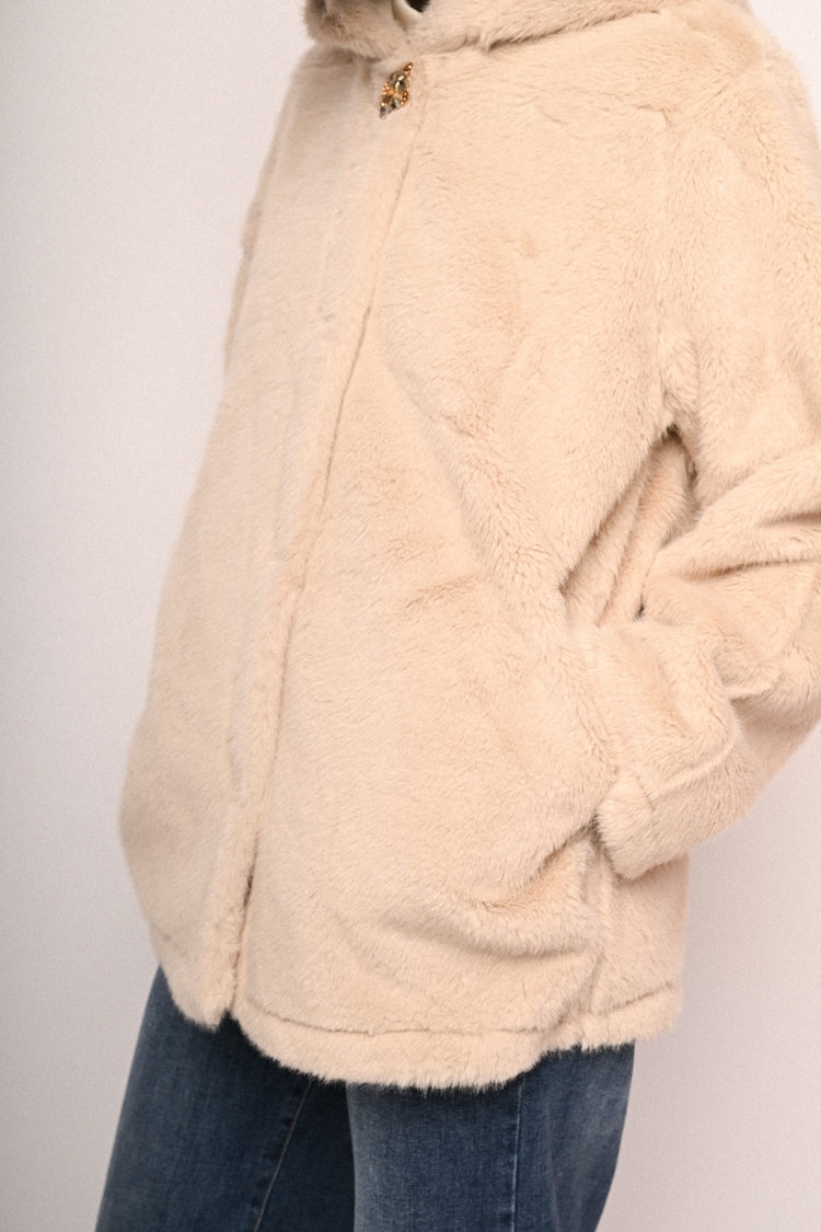 Jewel-button hooded faux fur jacket