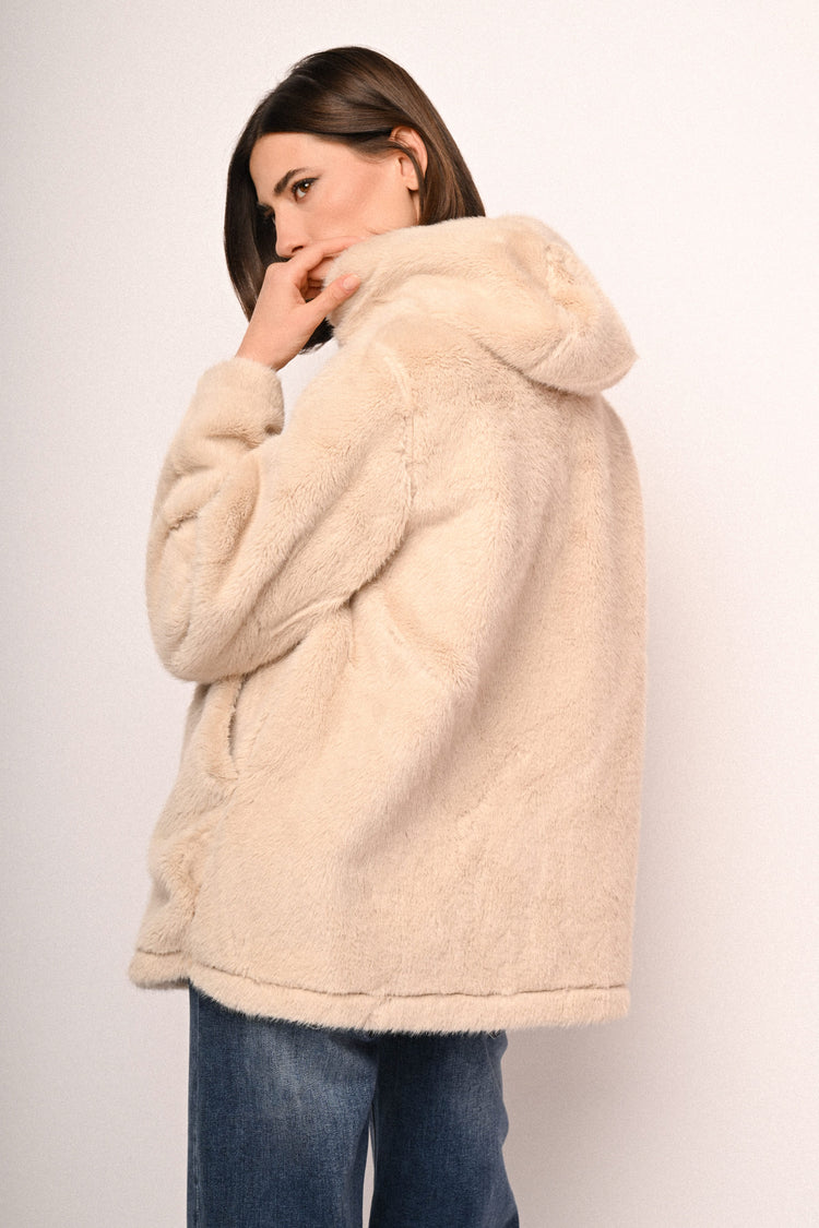 Jewel-button hooded faux fur jacket