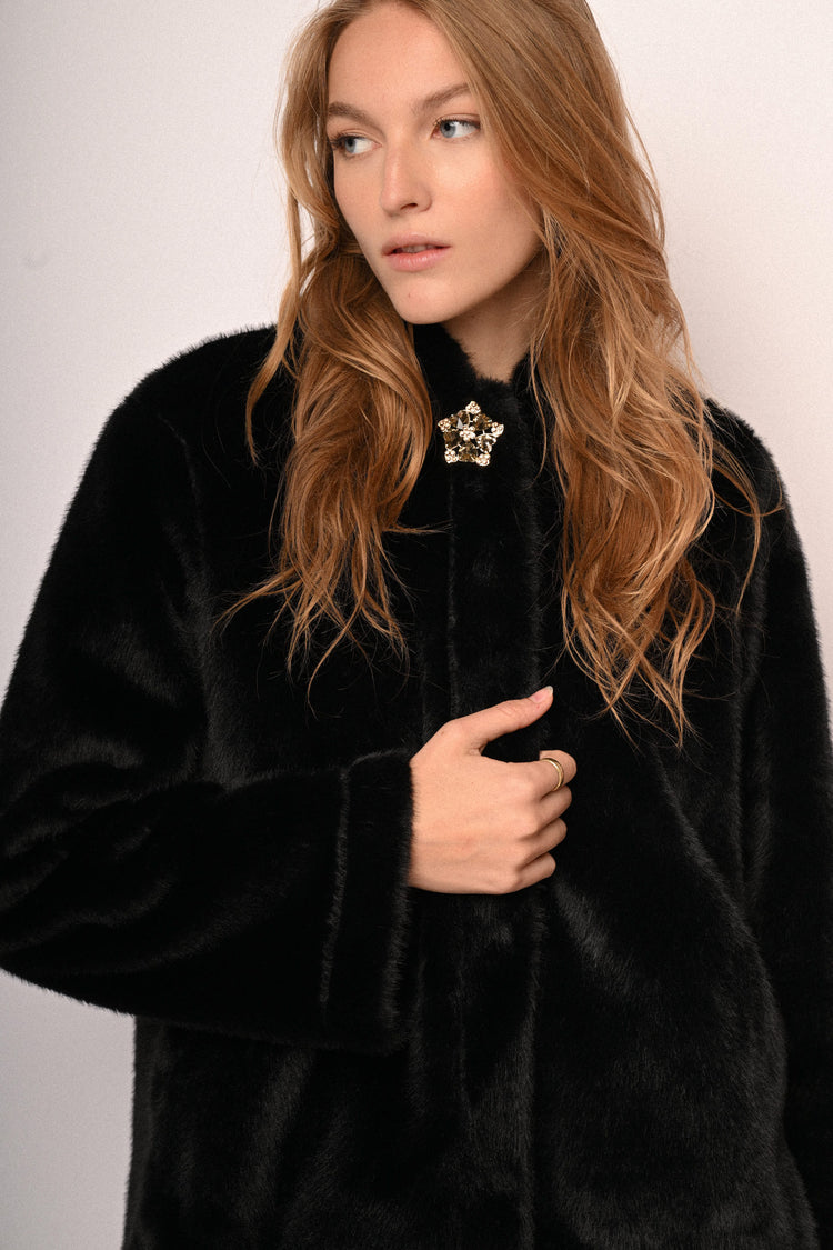 Jewel-button hooded faux fur jacket