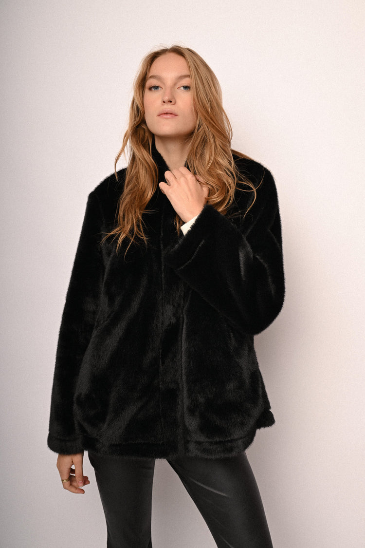 Jewel-button hooded faux fur jacket