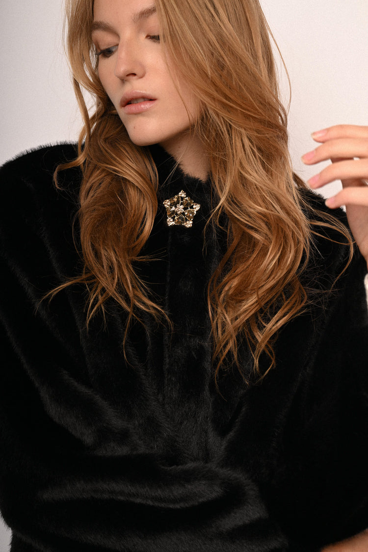 Jewel-button hooded faux fur jacket