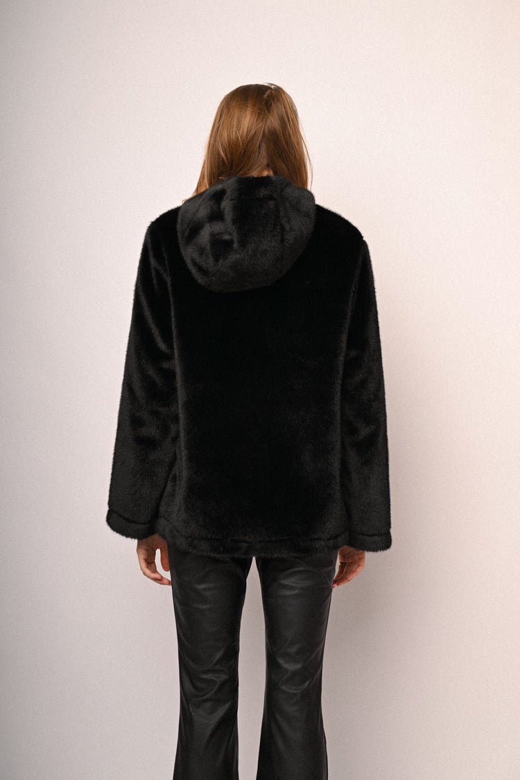 Jewel-button hooded faux fur jacket
