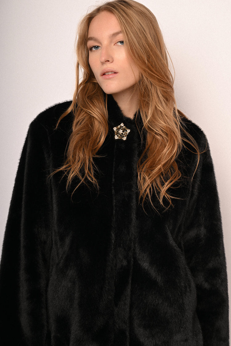 Jewel-button hooded faux fur jacket