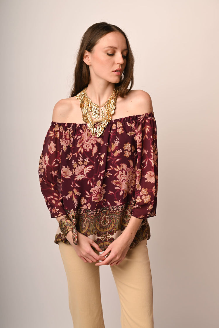 Ethnic print off-the-shoulder blouse