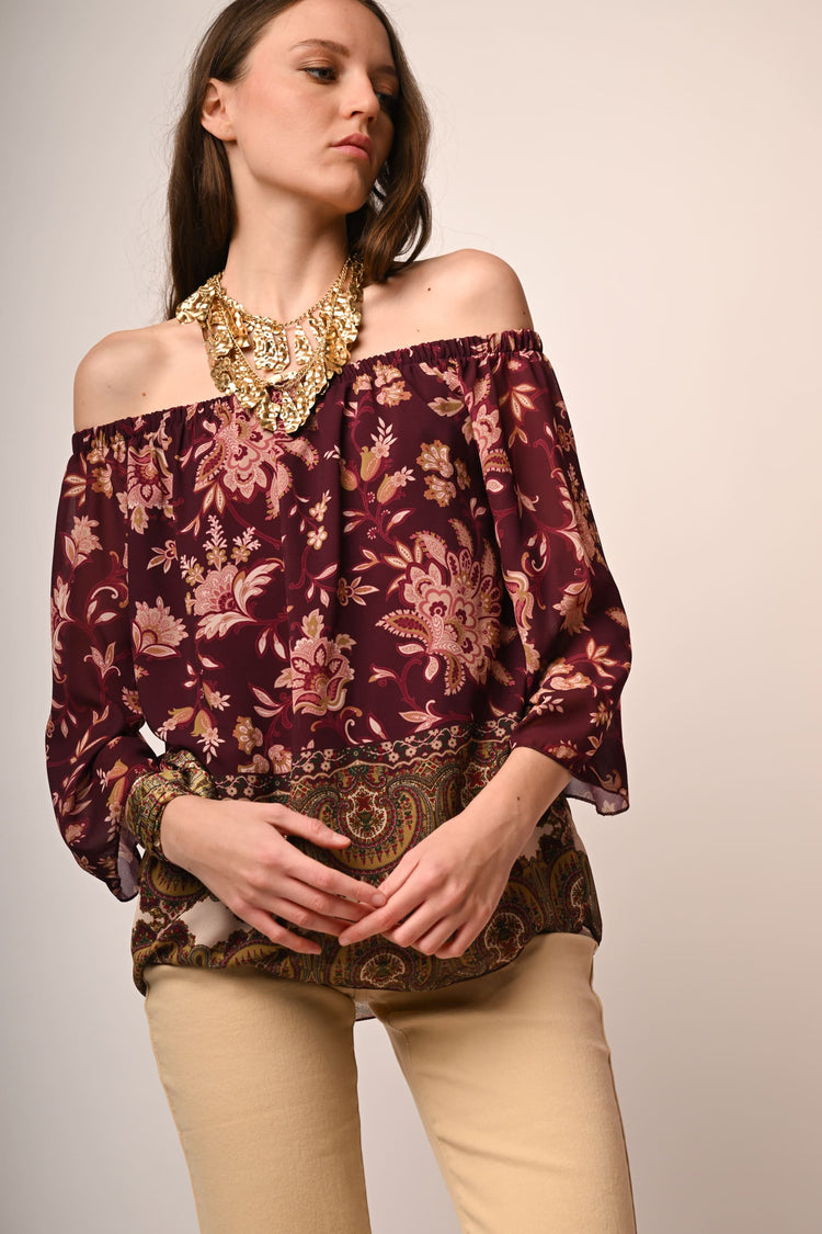 Ethnic print off-the-shoulder blouse