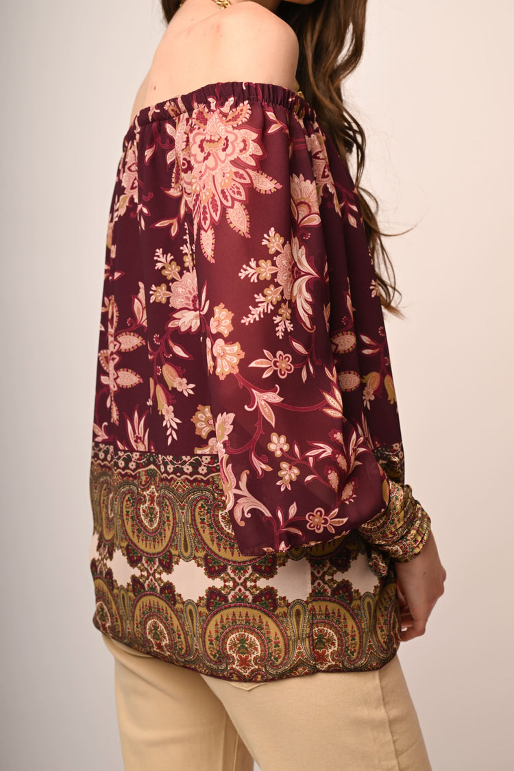 Ethnic print off-the-shoulder blouse