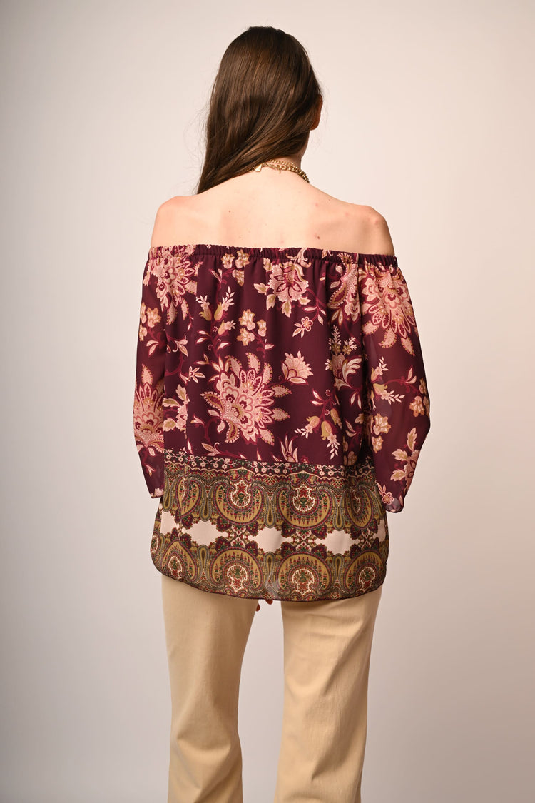 Ethnic print off-the-shoulder blouse