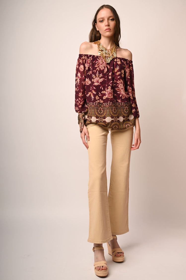 Ethnic print off-the-shoulder blouse