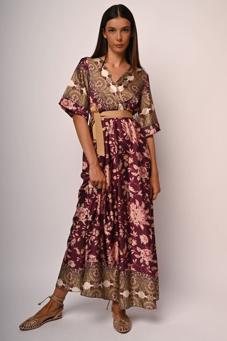Ethnic-floral print kimono long dress