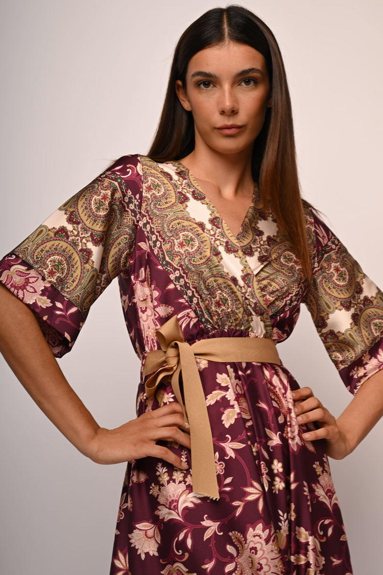 Ethnic-floral print kimono long dress