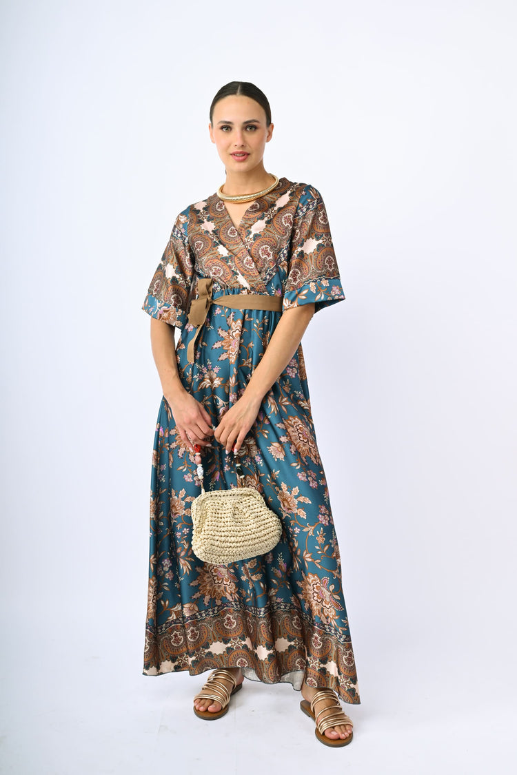 Ethnic print satin kimono dress