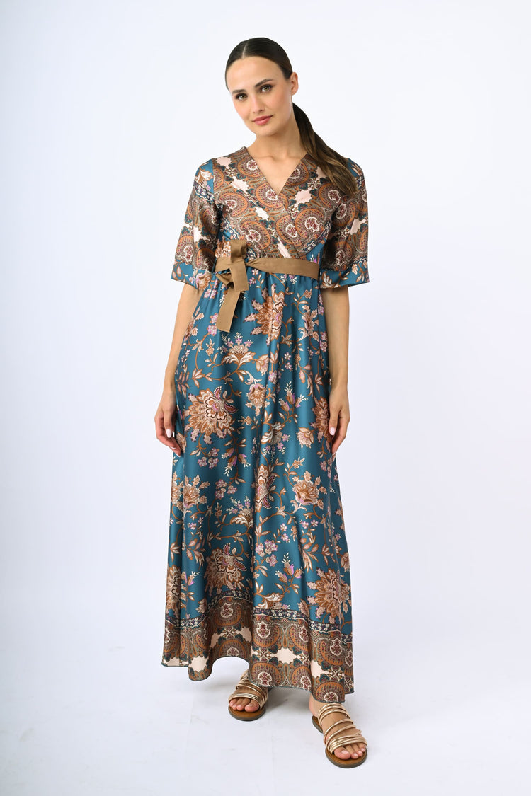 Ethnic print satin kimono dress