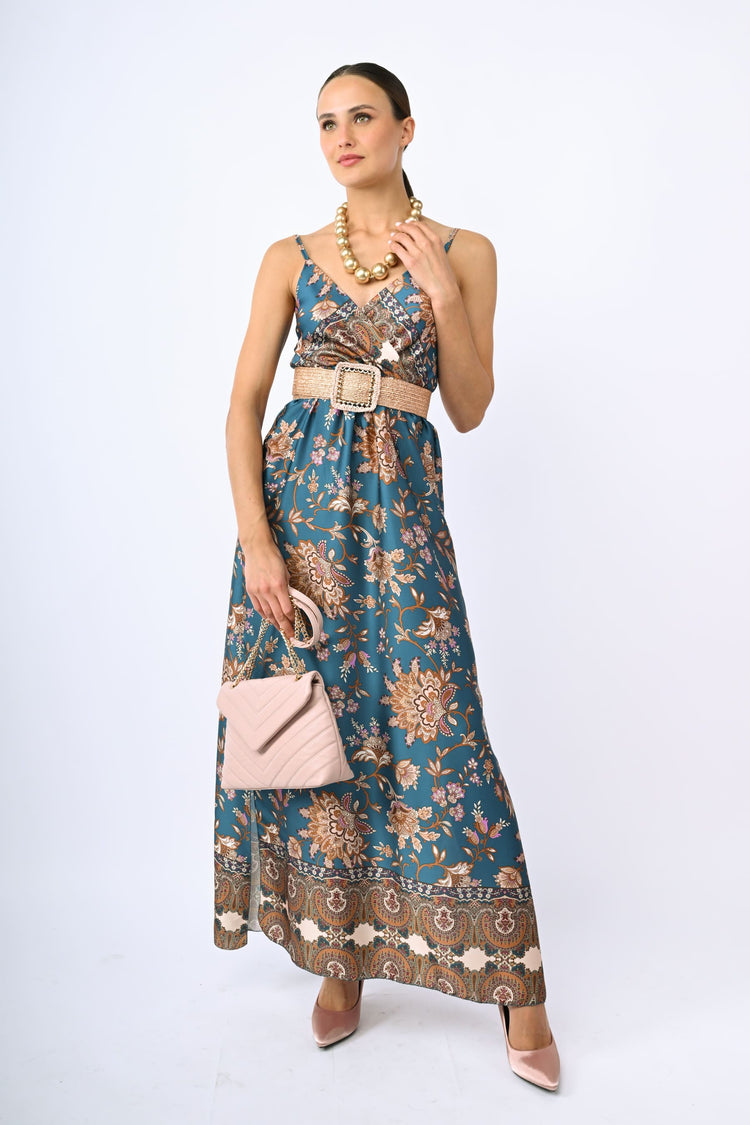 Ethnic print satin long dress