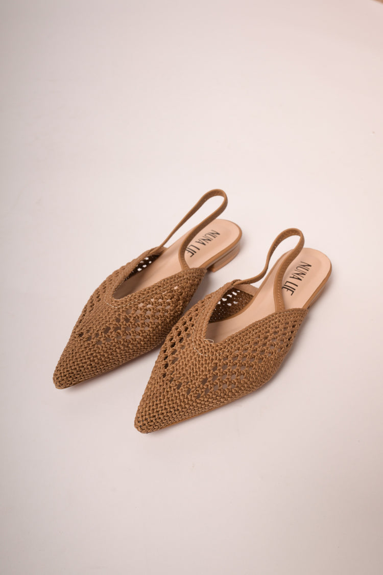 Camel raffia pointed flat mules