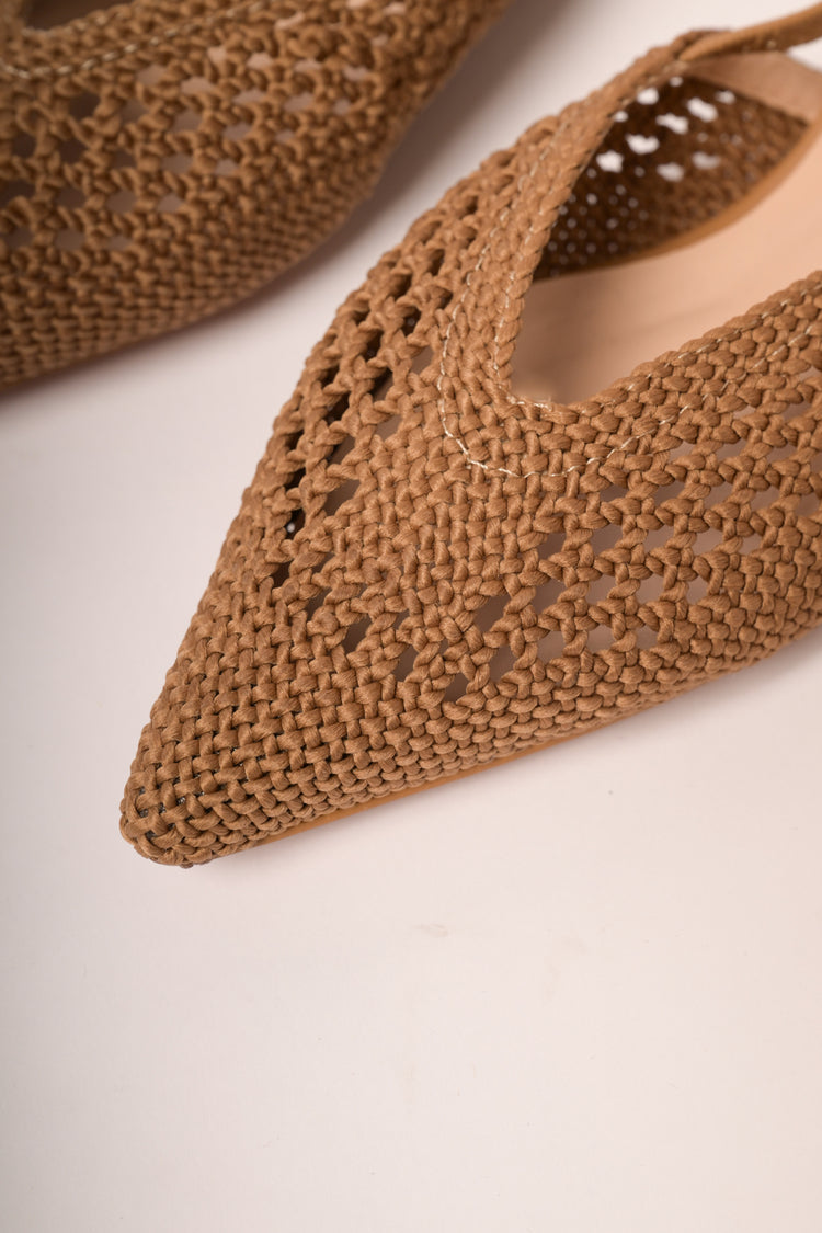 Camel raffia pointed flat mules