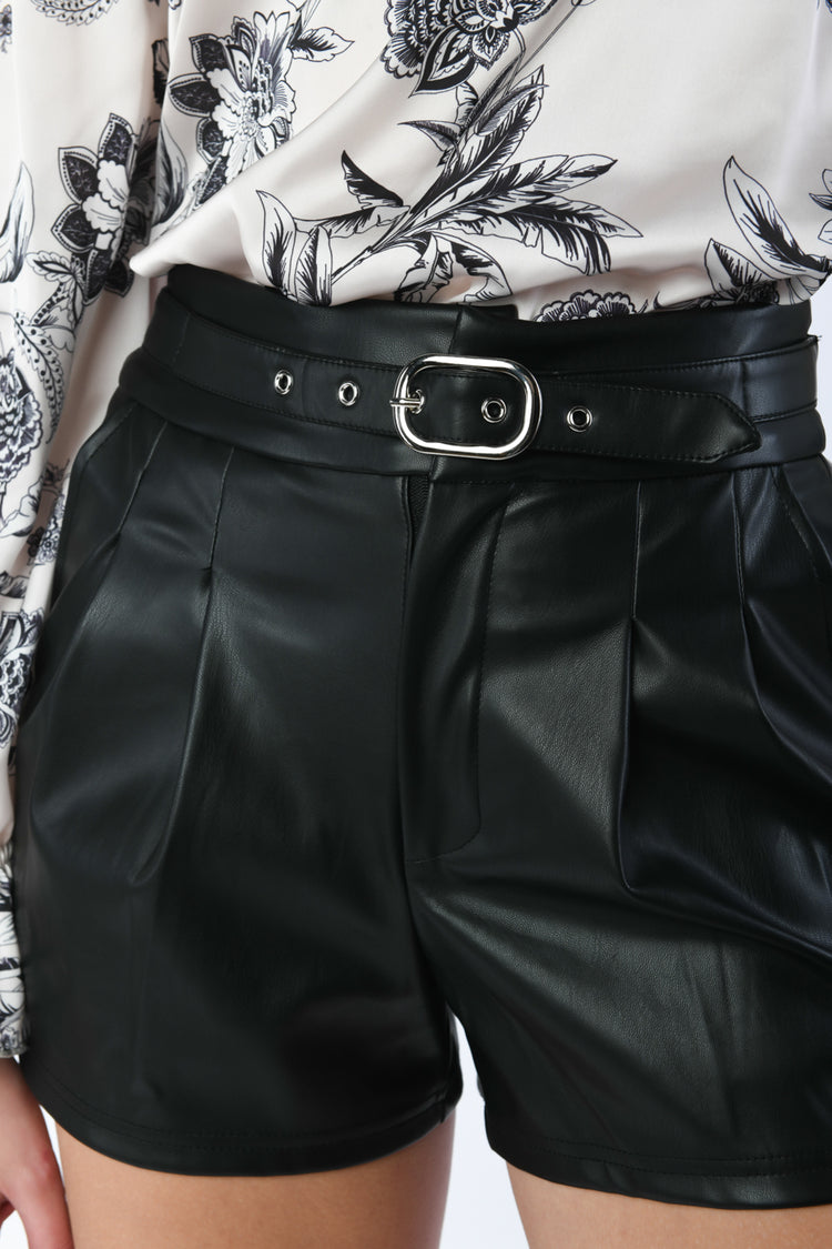Belted faux leather shorts