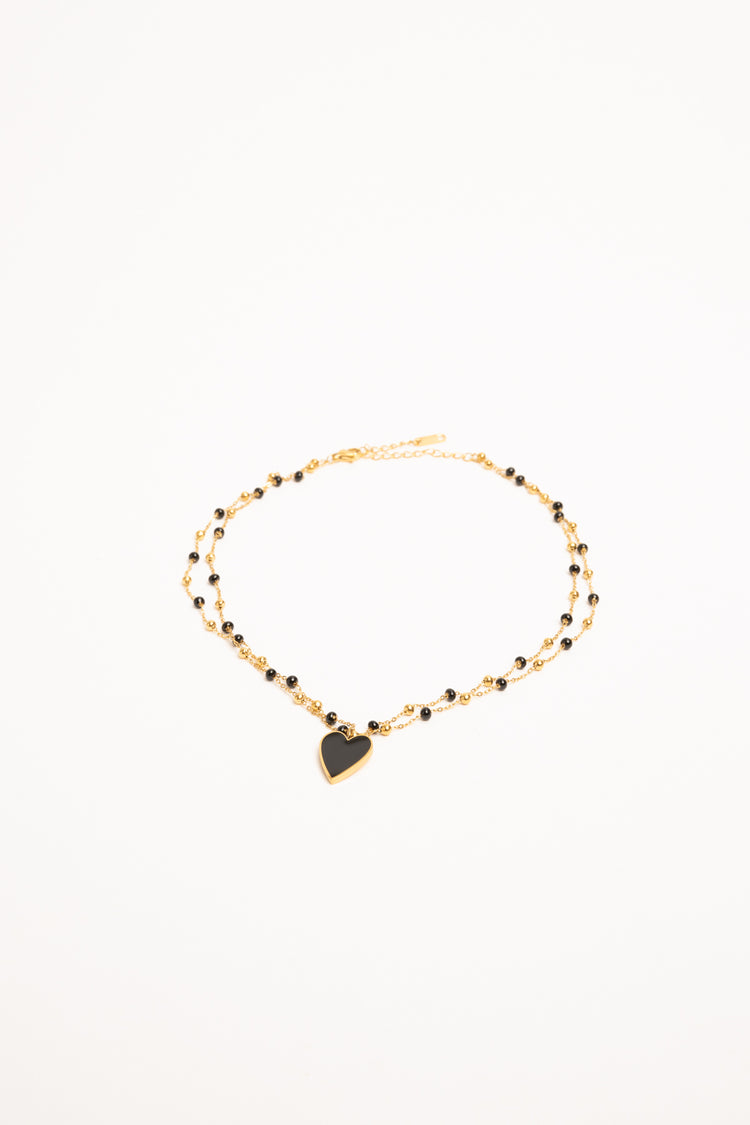 Black heart pendant bead double strand necklace