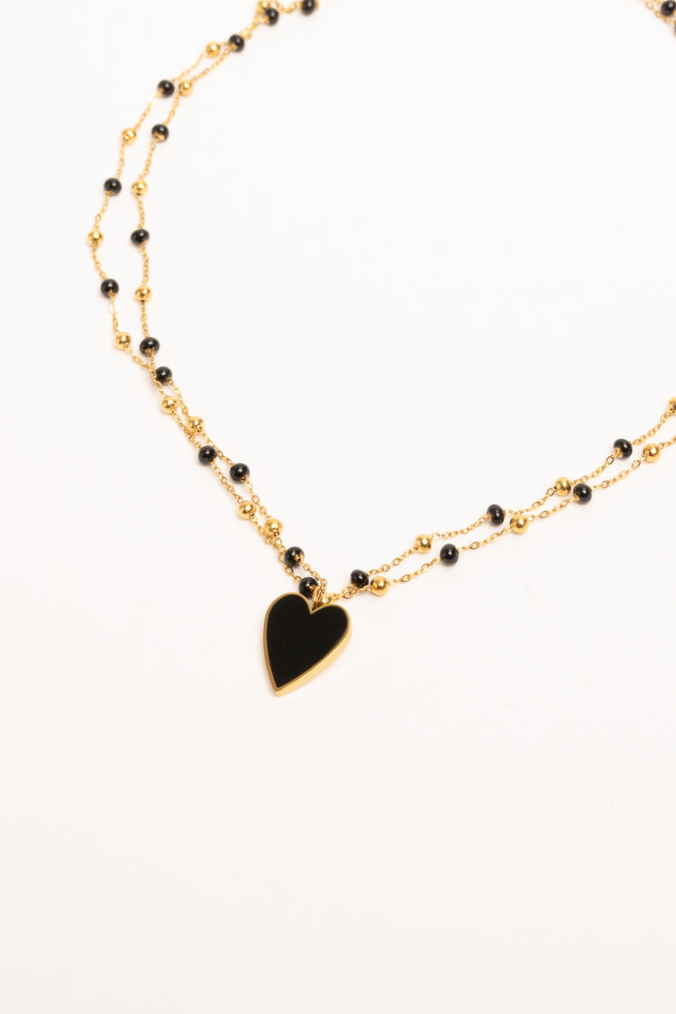 Black heart pendant bead double strand necklace