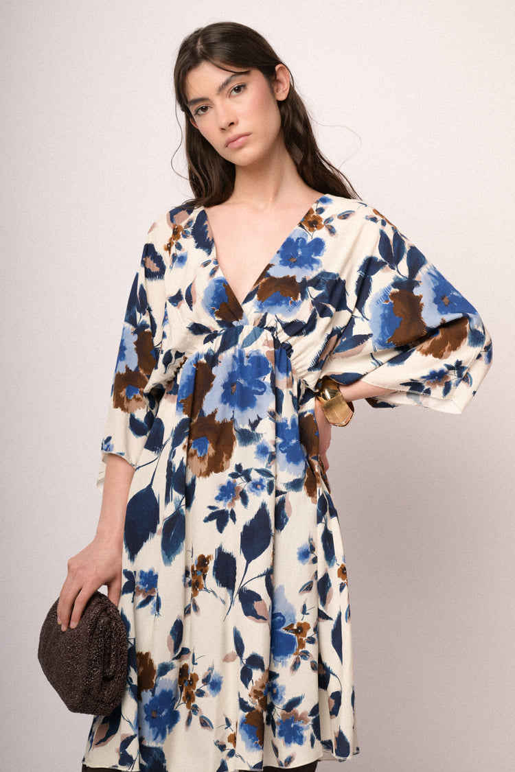 Multicolor floral print kimono mini dress