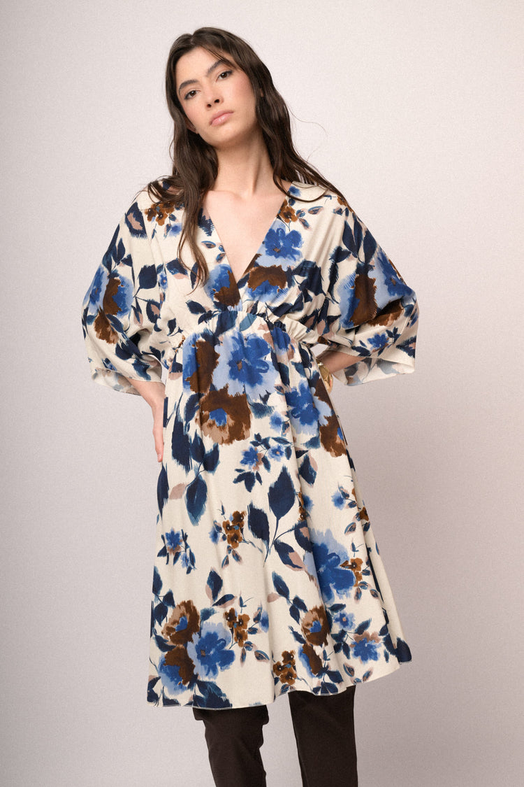 Multicolor floral print kimono mini dress