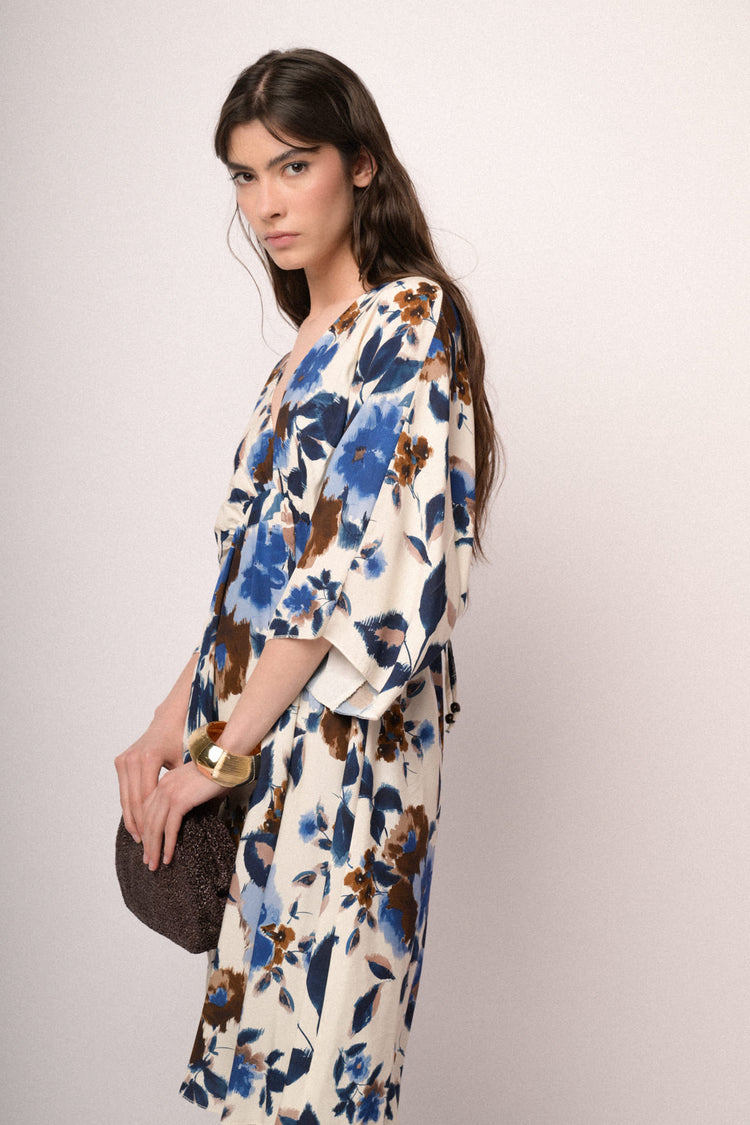Multicolor floral print kimono mini dress