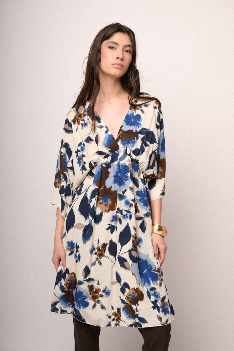 Multicolor floral print kimono mini dress