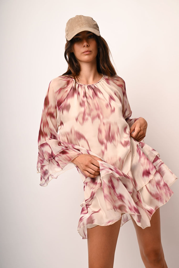 Abstract print ruffle mini dress