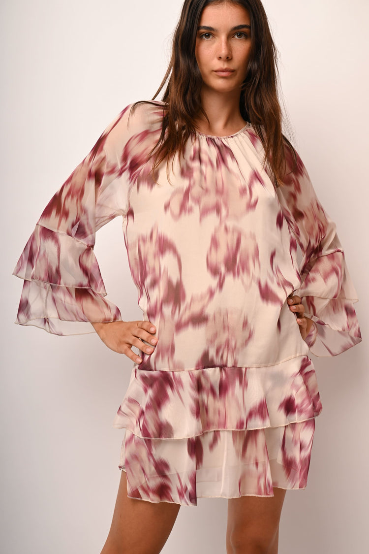 Abstract print ruffle mini dress