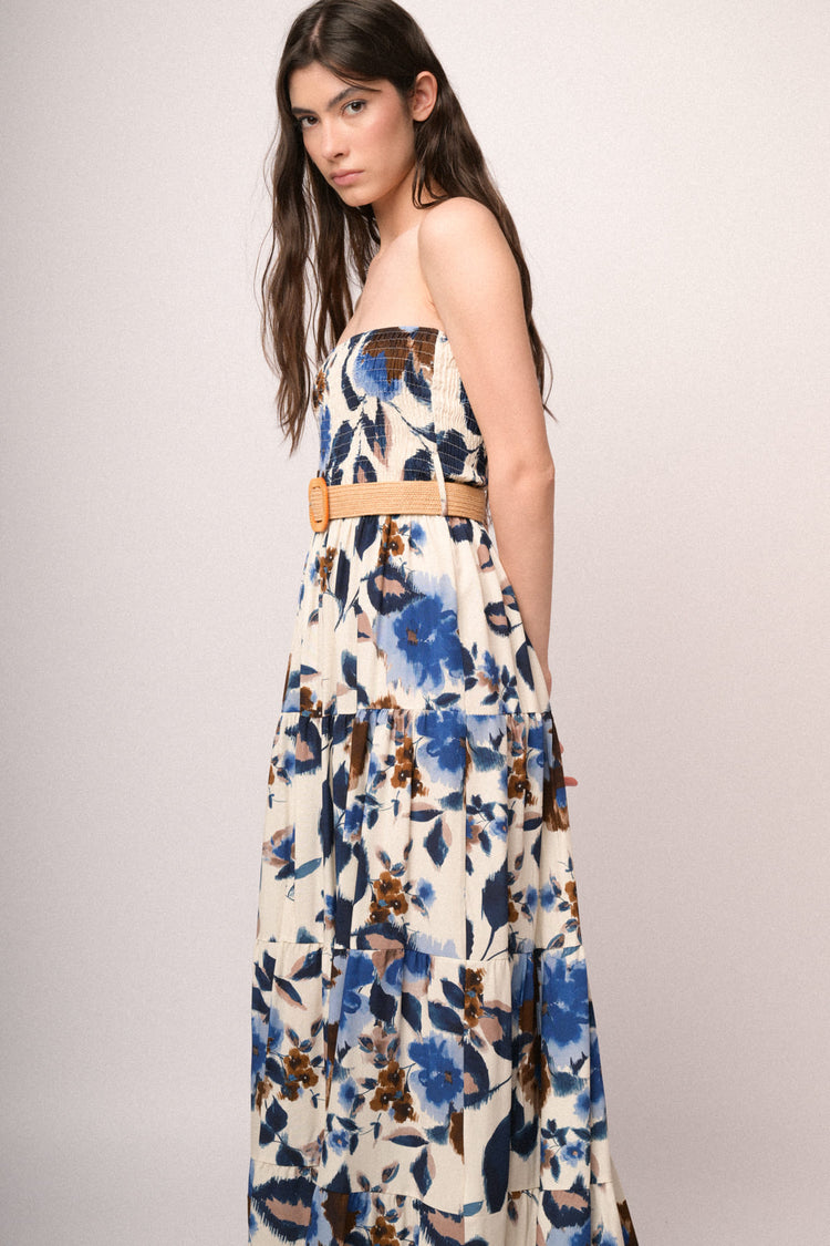 Multicolor floral print smocked maxi dress