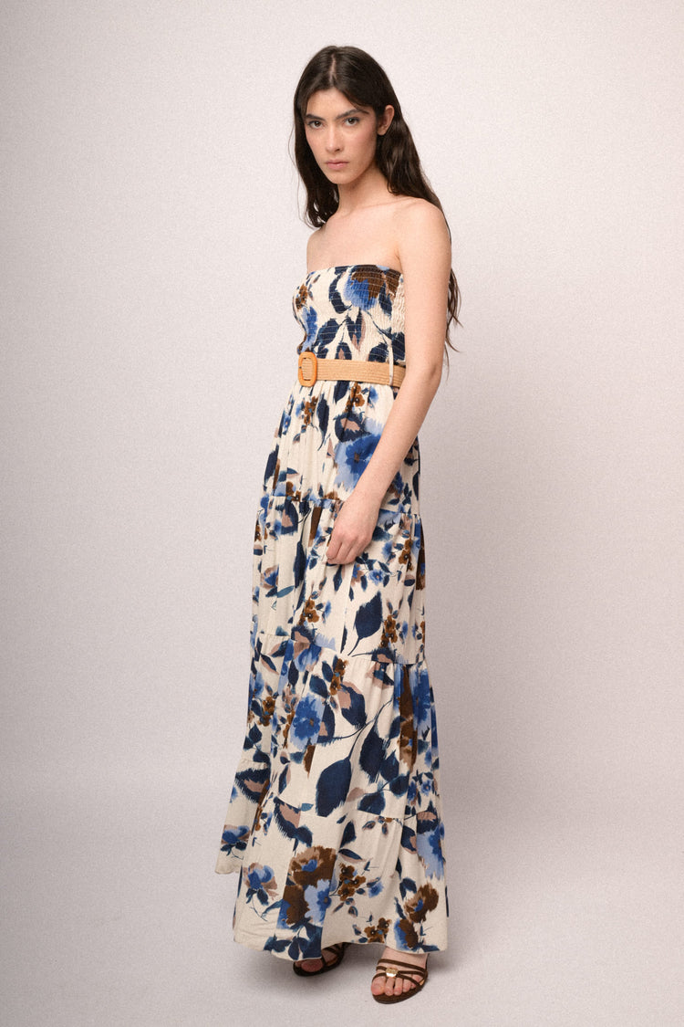 Multicolor floral print smocked maxi dress