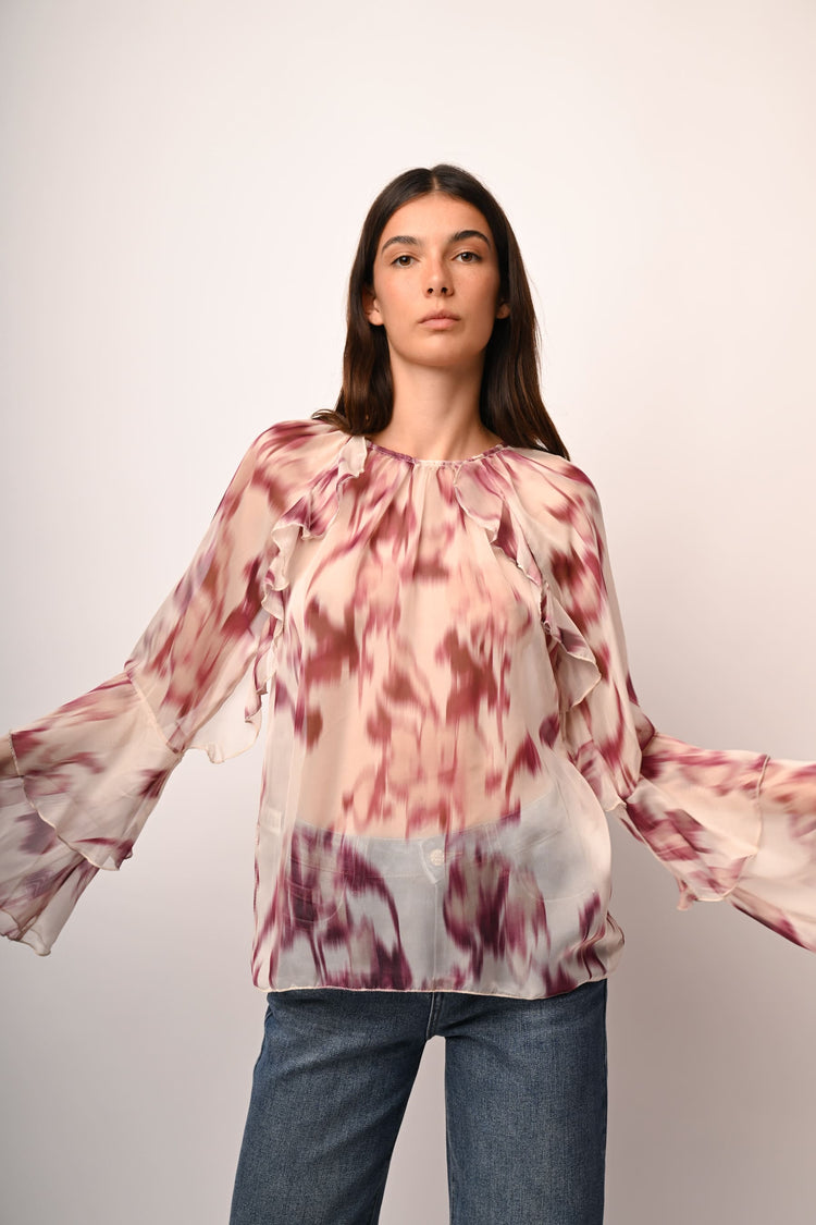 Abstract print frills blouse
