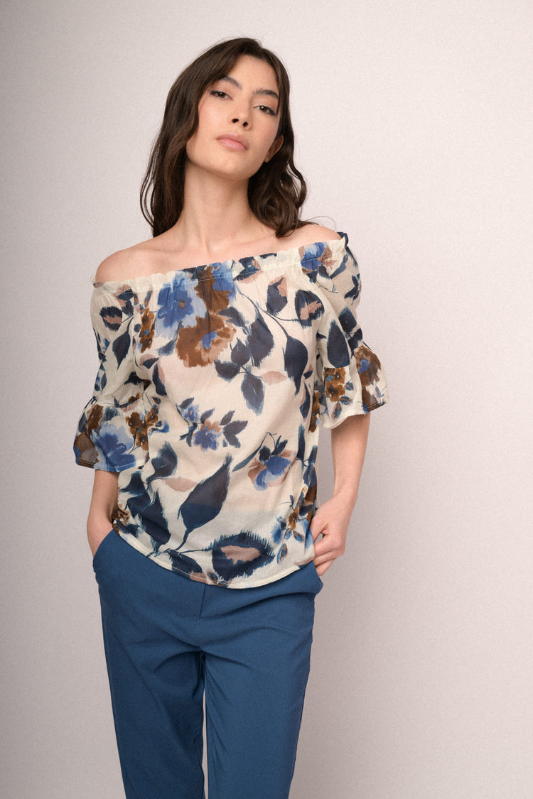 Multicolor floral print off-the-shoulder blouse