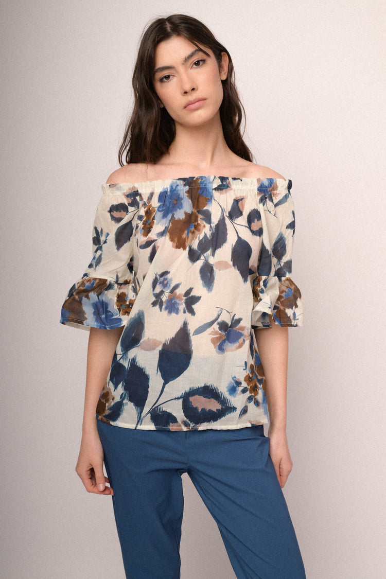 Multicolor floral print off-the-shoulder blouse