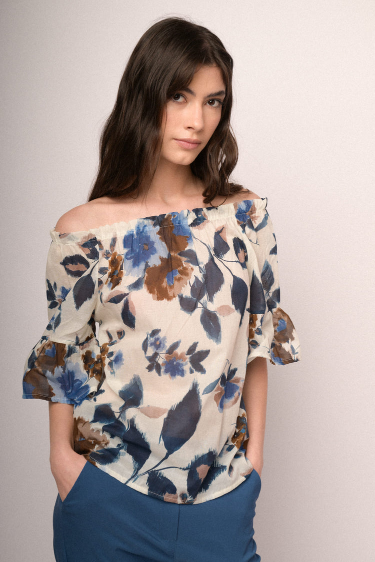 Multicolor floral print off-the-shoulder blouse
