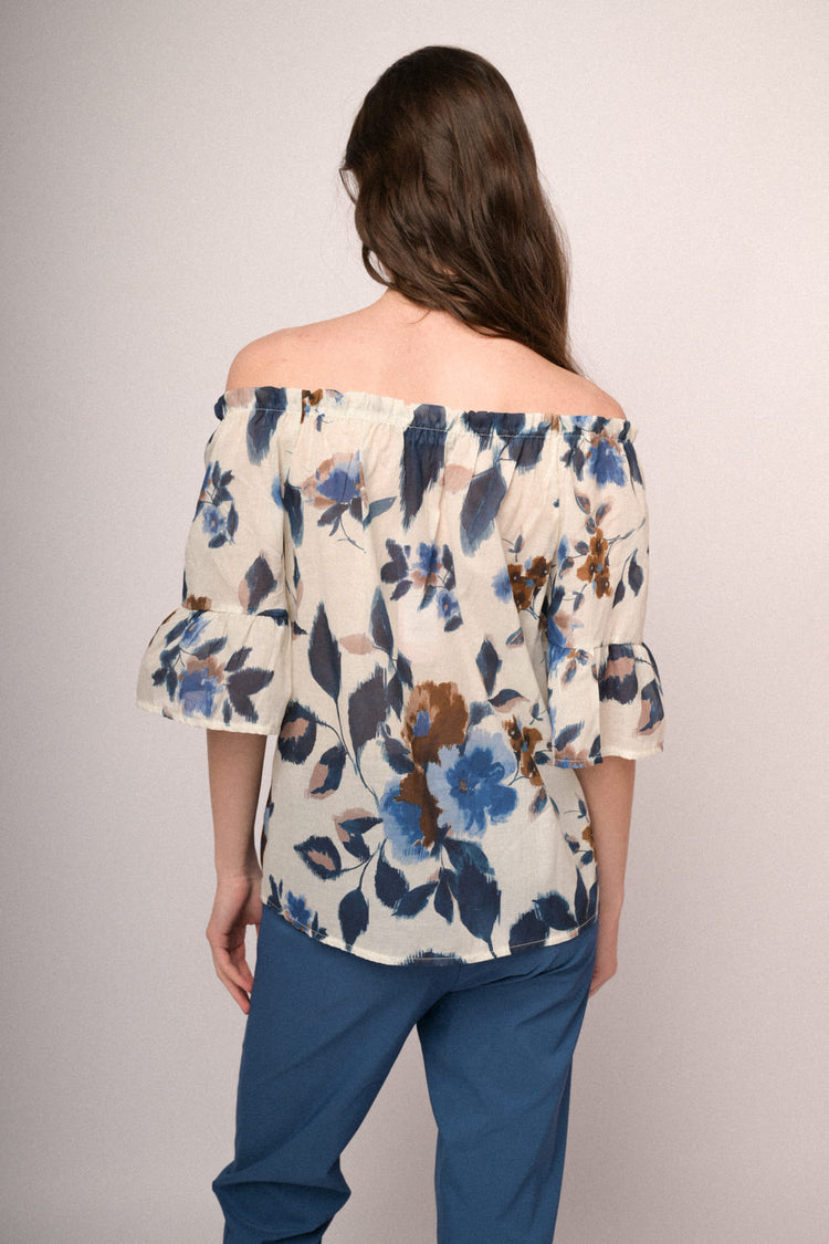 Multicolor floral print off-the-shoulder blouse