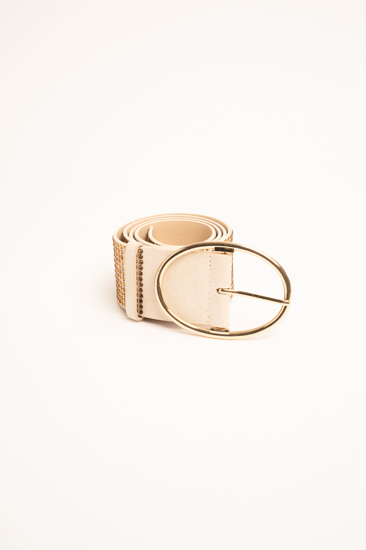 Rhinestone-embellished beige high belt