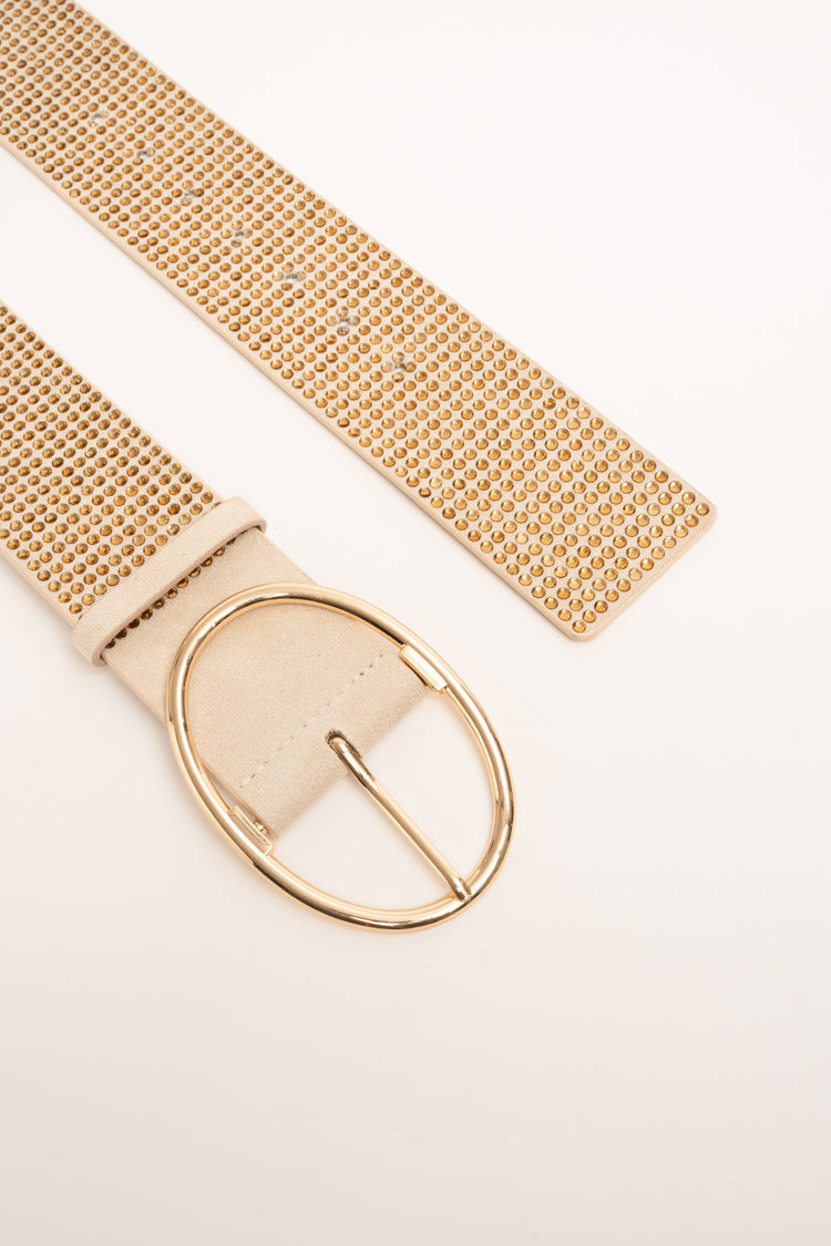 Rhinestone-embellished beige high belt