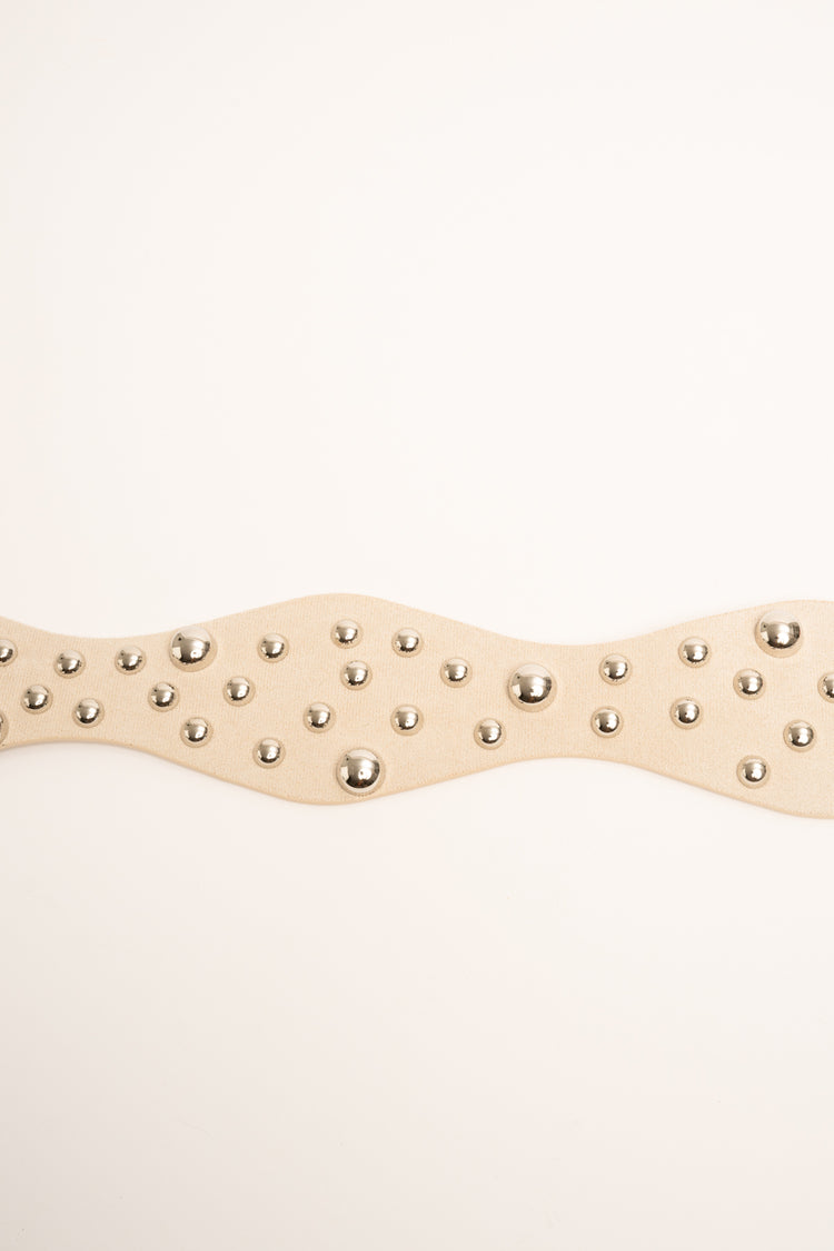 Stud-embellished beige wavy belt