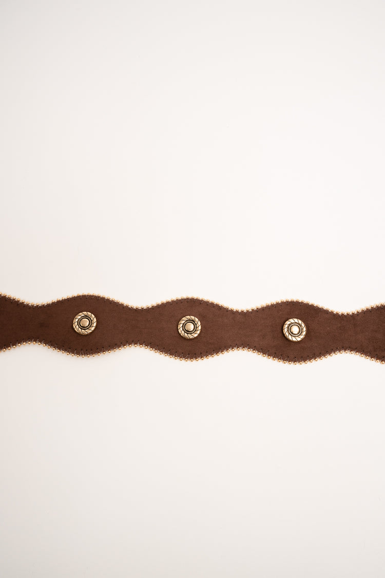 Stud-embellished brown wavy belt