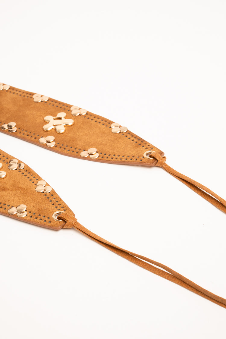 Floral embellished tan faux suede sash belt