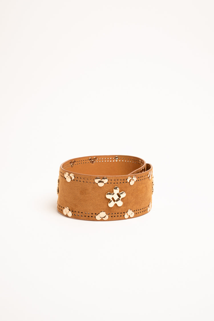 Floral embellished tan faux suede sash belt