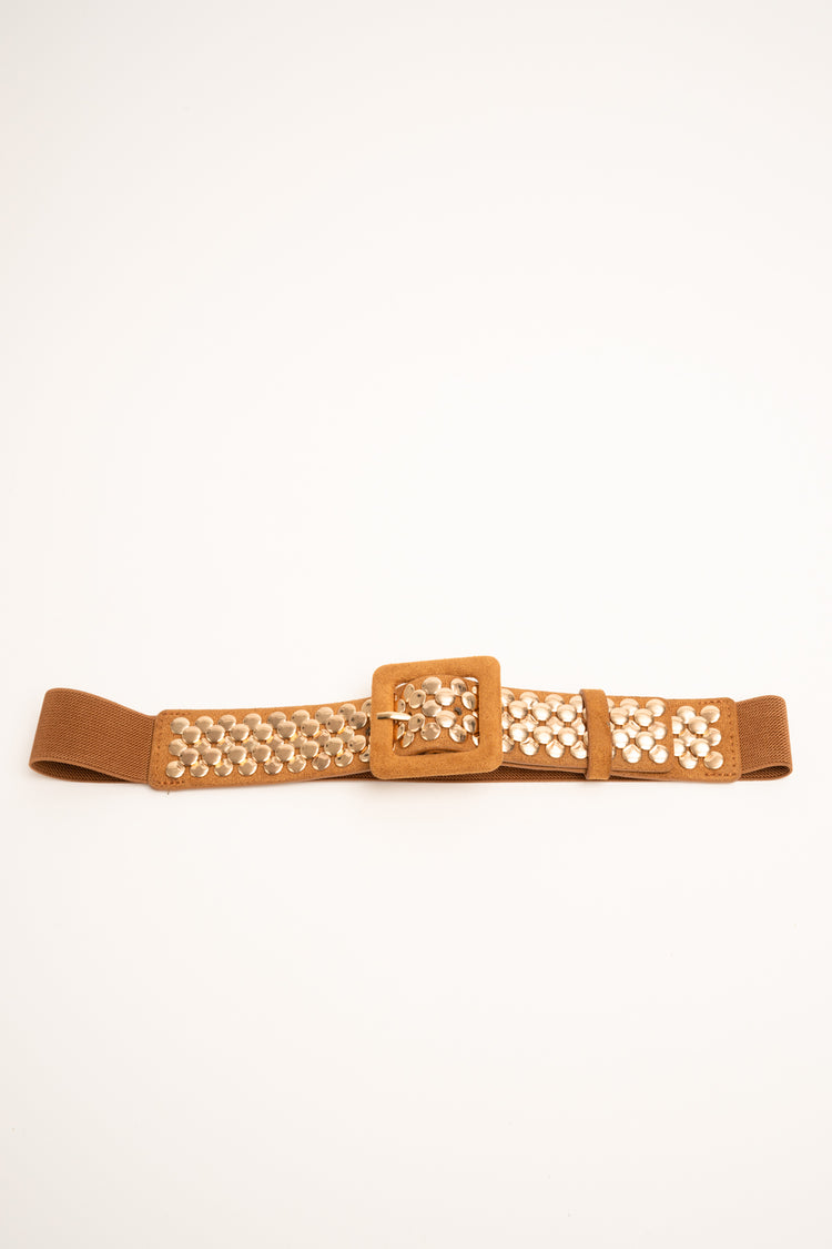 Stud-embellished cognac elastic belt
